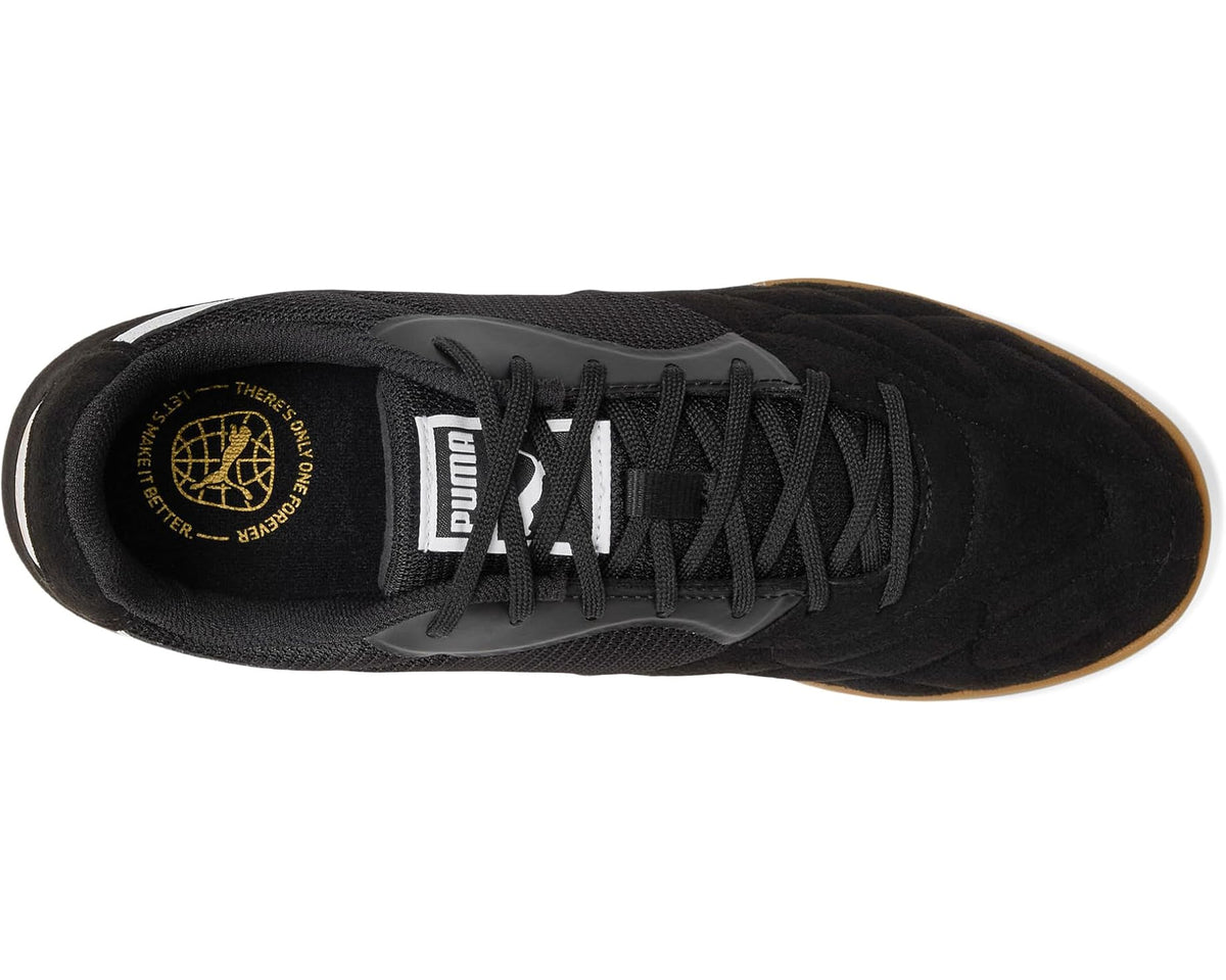 Men's indoor soccer trainer shoes, black upper with lace-up closure and Puma logo label