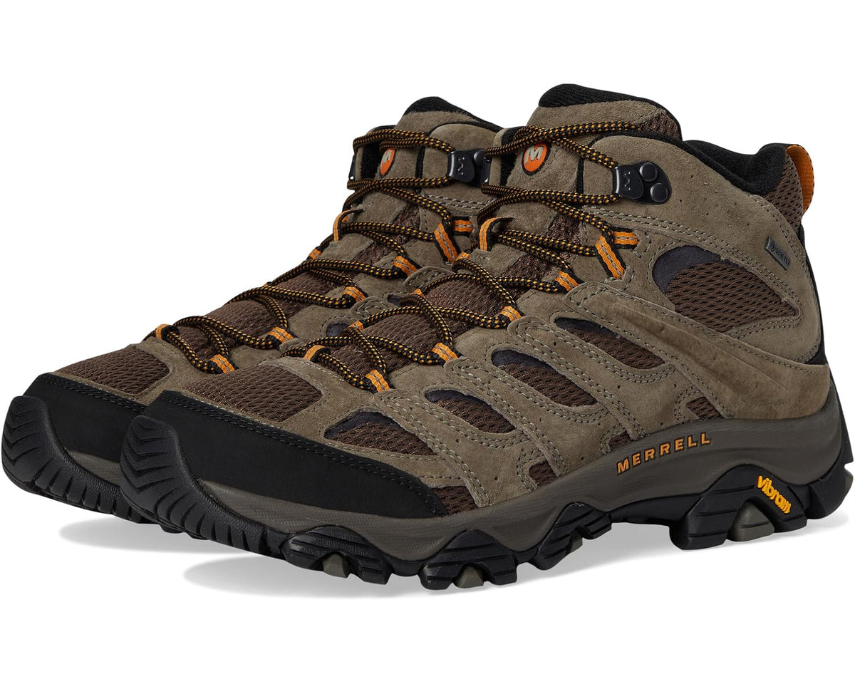 Men's mid-top hiking boot in walnut and tan suede with brown mesh panels