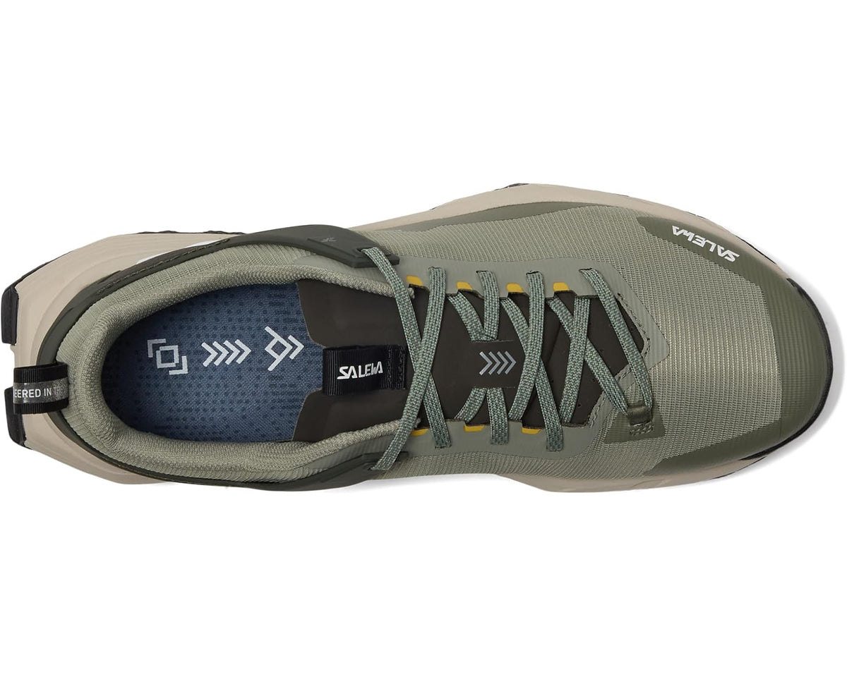 Men's olive trail shoe with blue-gray interior lining and lace-up closure