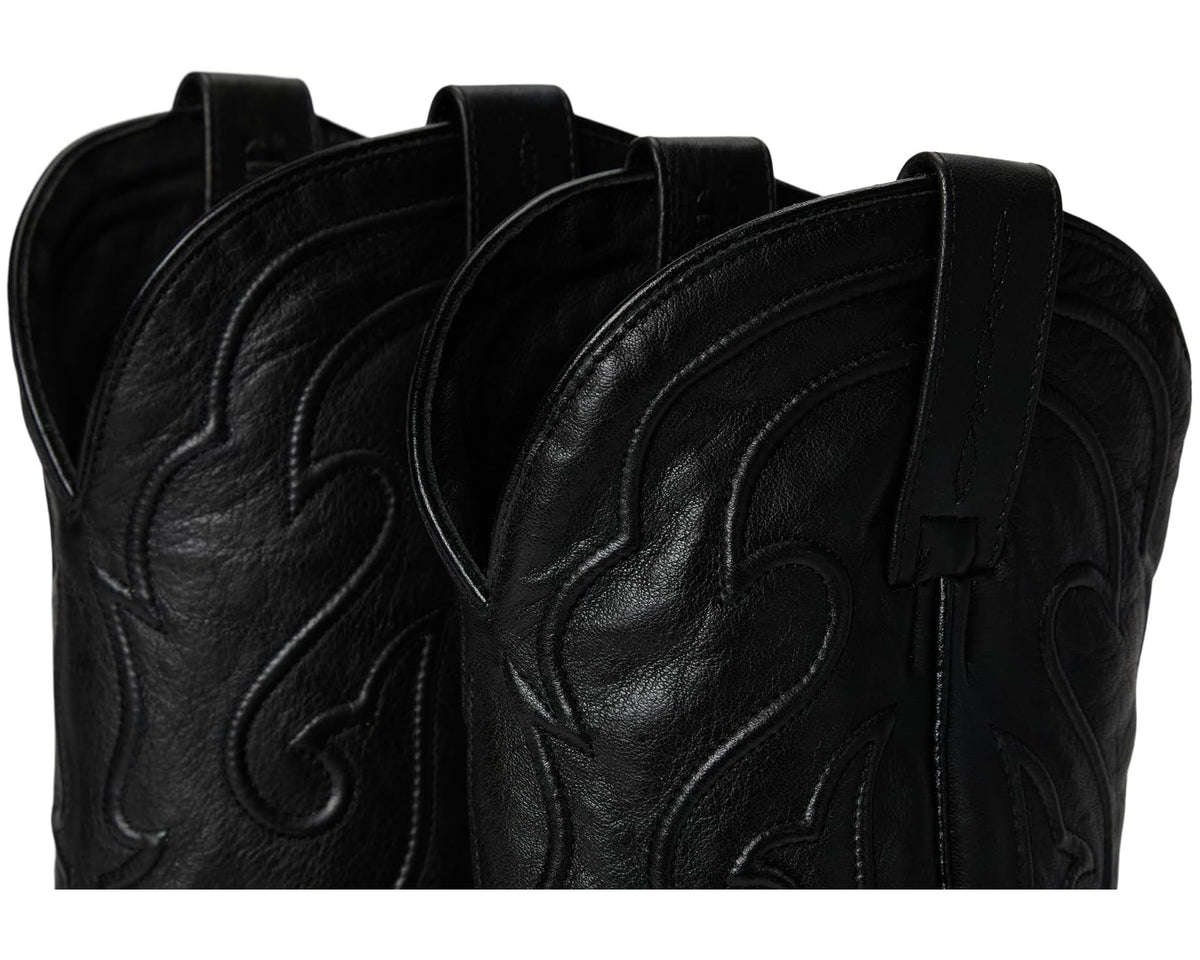 Close-up pair of black leather cowboy boots with embroidered side stitching