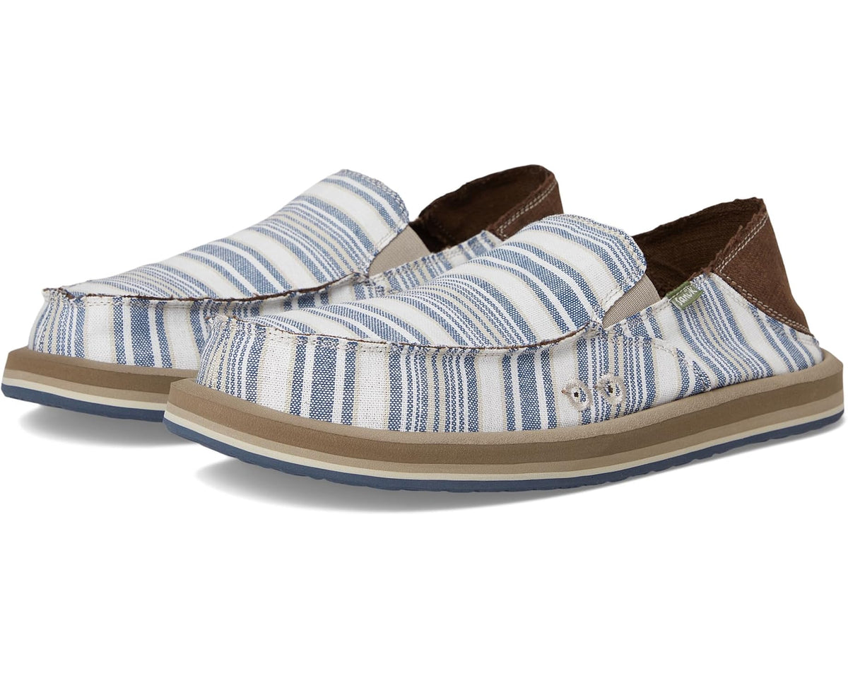 Men's striped canvas slip-on sneakers with brown suede panels and tan rubber sole