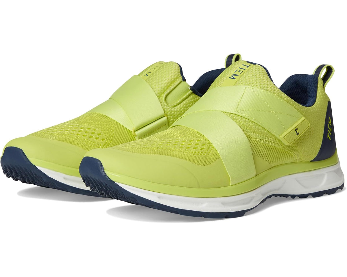 TIEM Slipstream cycling shoe in citron green with navy accents, slip-on style