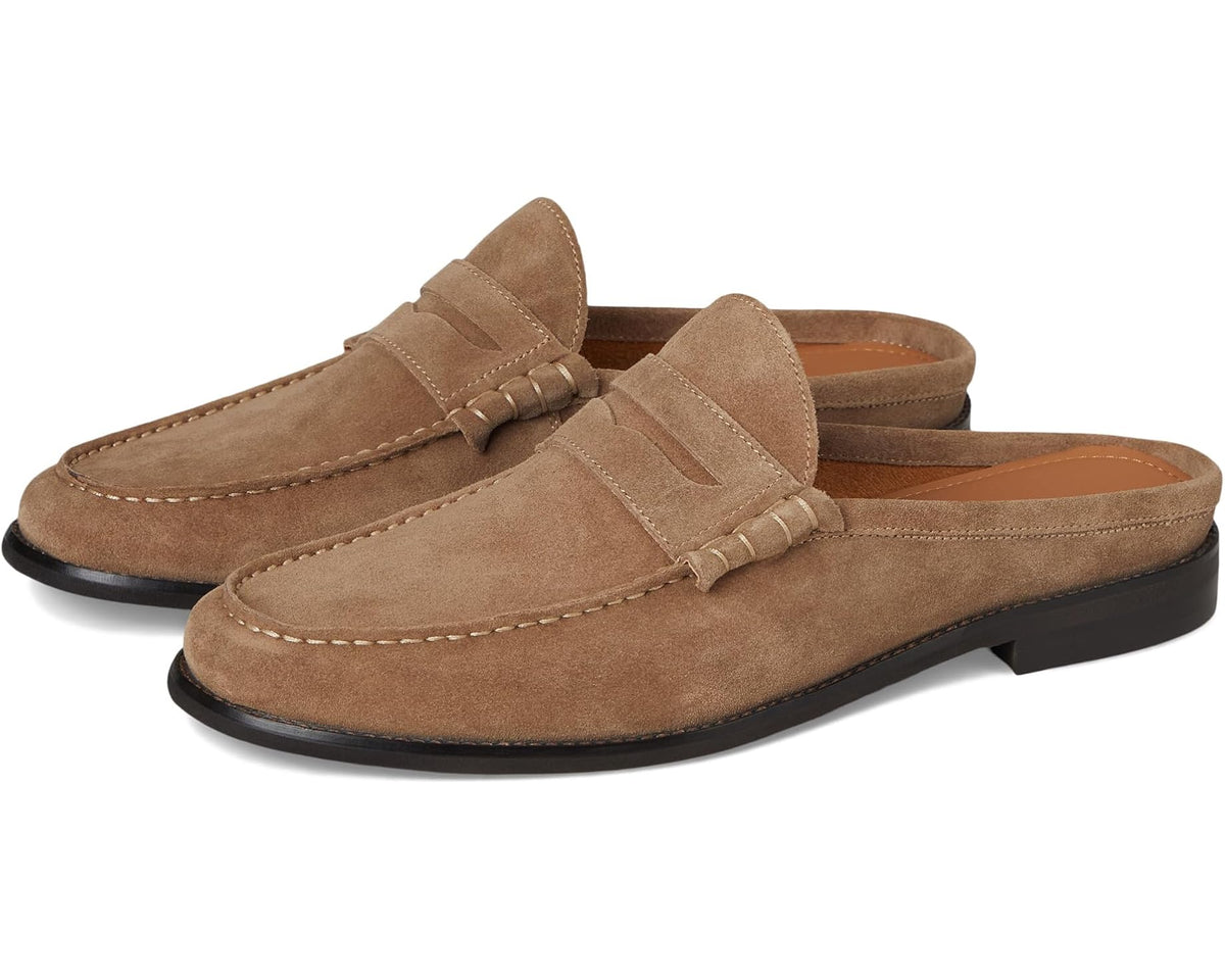 Men's Steve Madden taupe suede loafers, slip-on with strap and contrast stitching
