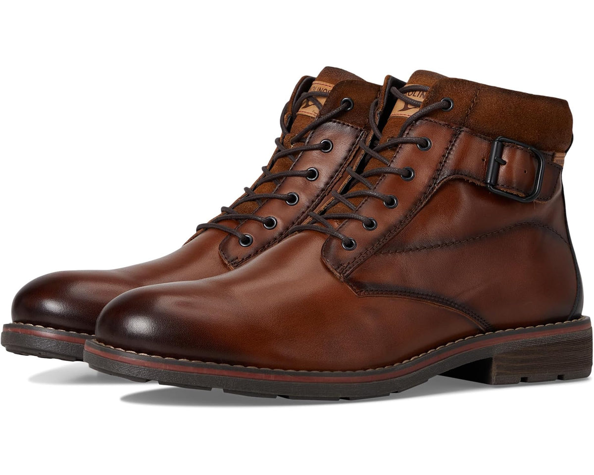 Men's brown leather lace-up ankle boots with side buckle strap and padded collar