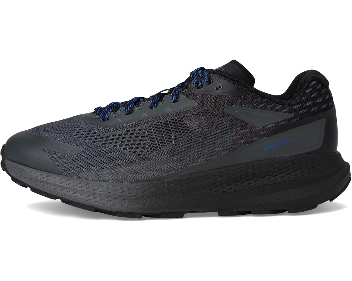 Black mesh trail running shoe with blue laces and protective rubber toe