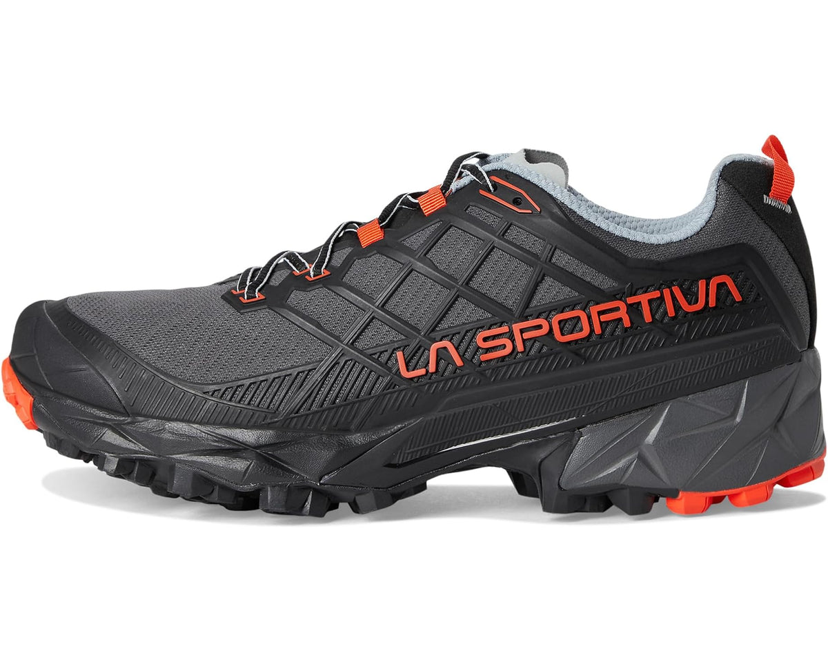 La Sportiva trail running shoe side view, black upper with orange-red logo and laces