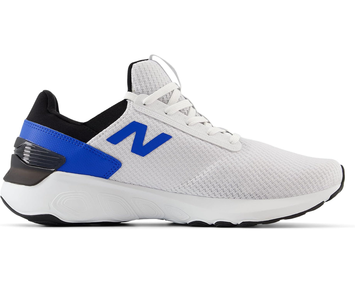 Men's New Balance running shoe, white knit with blue N logo panel and black heel collar