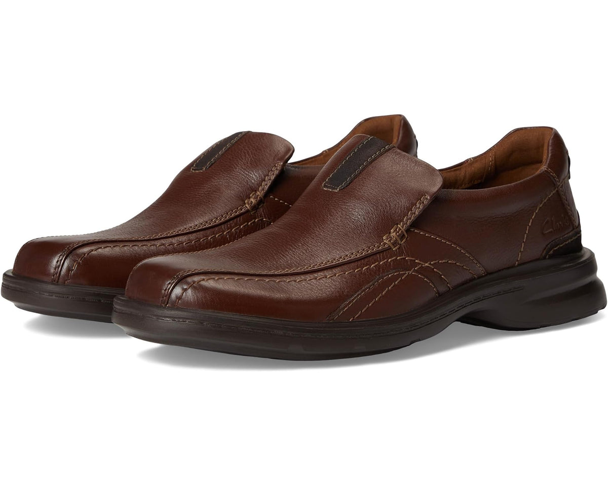 Men's mahogany leather slip-on loafer with stitched vamp and cushioned collar