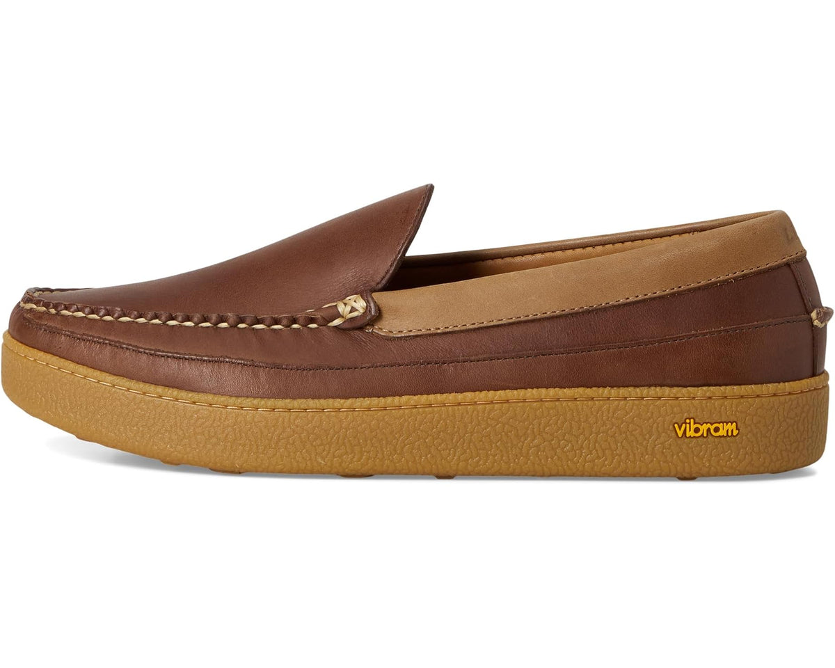 Hazelnut moc slippers with tan side panel stripe and Vibram logo on sole