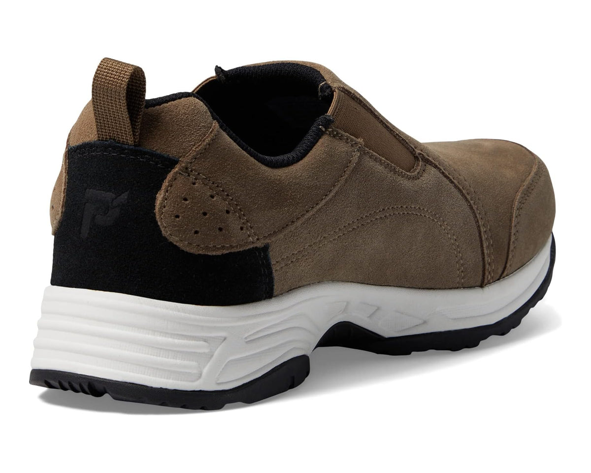 Men's Propet slip-on sneakers, brown with black heel strap, white midsole