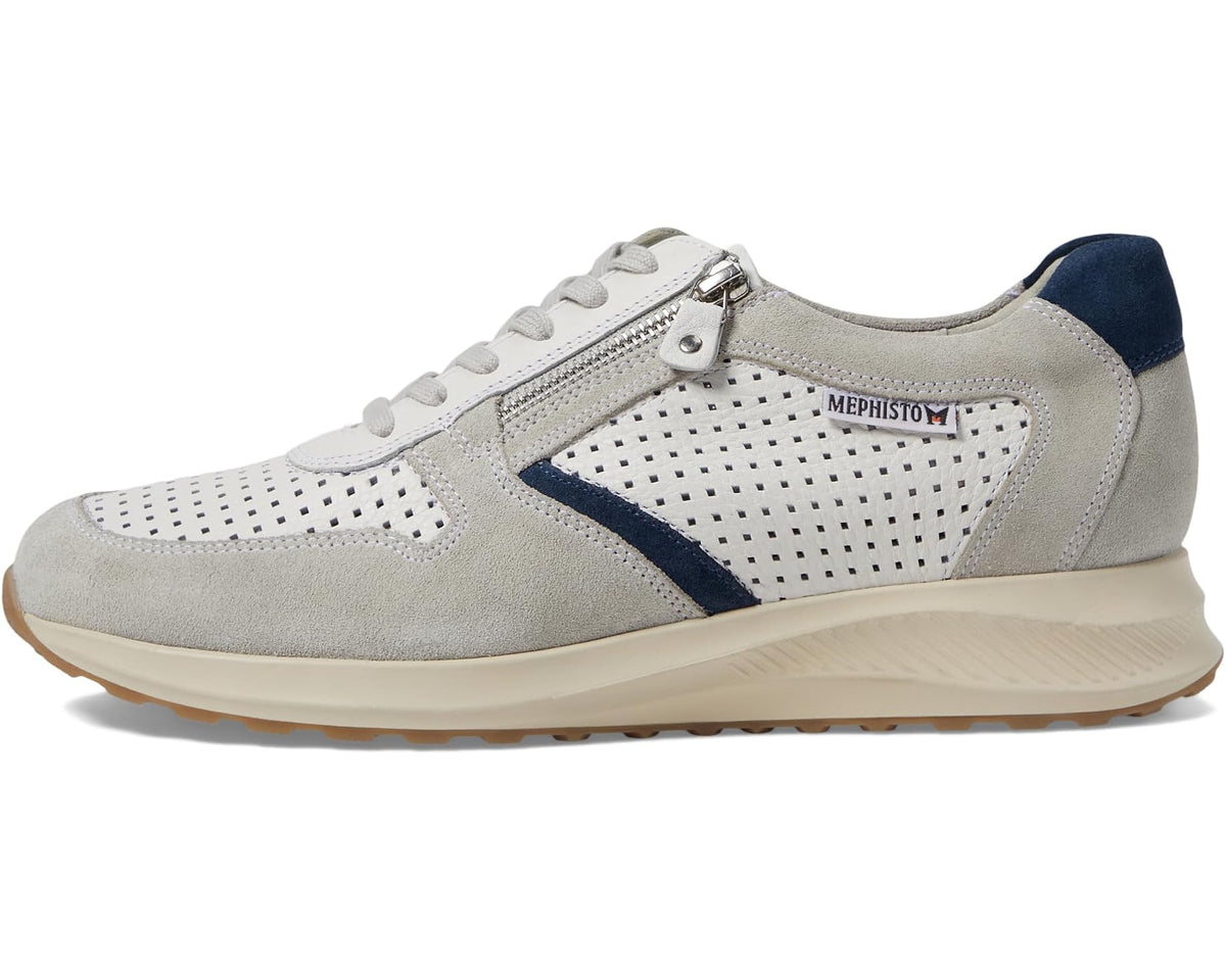 Men's lace-up sneaker in stone gray suede with navy accent and full perforated vamp