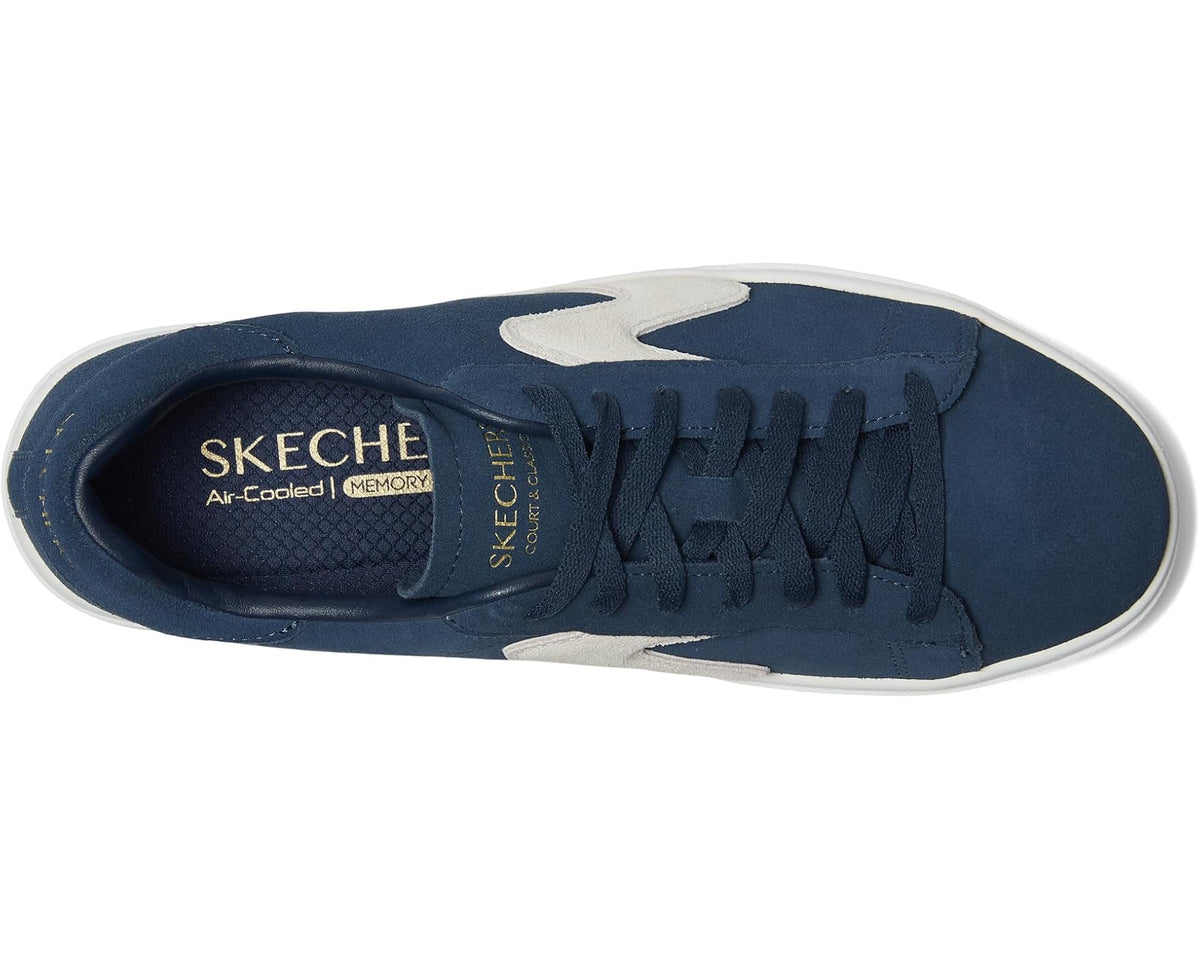 Men's navy sneaker with Skechers logo on cushioned insole, lace-up interior