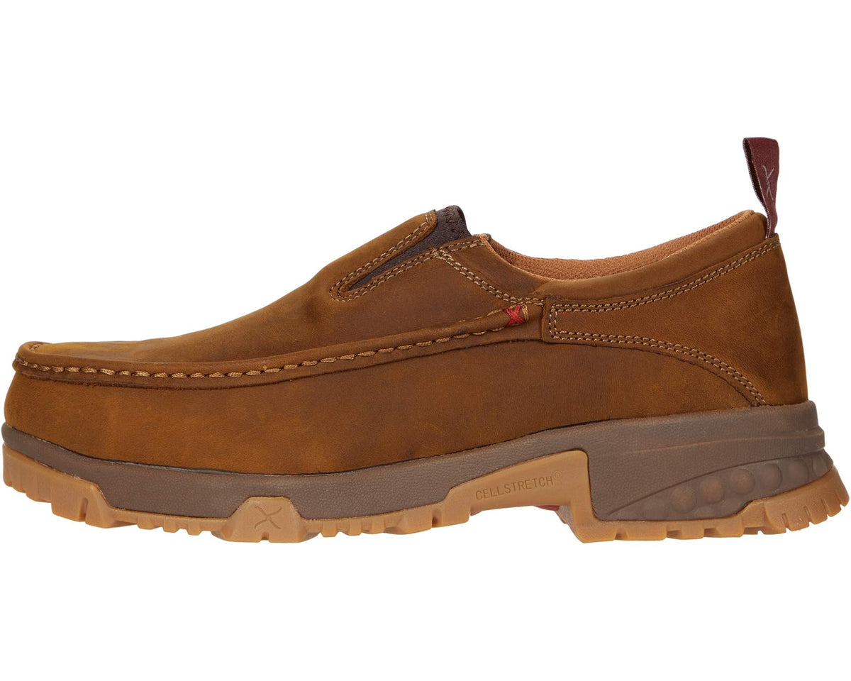 Men's brown suede work slip-on shoe, front side view with stitched upper seams