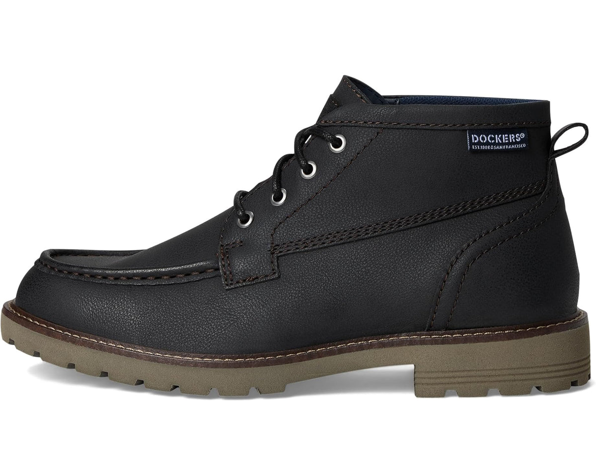 Men's Dockers black leather high-top boots with lace-up, side panel, and brown stitching.