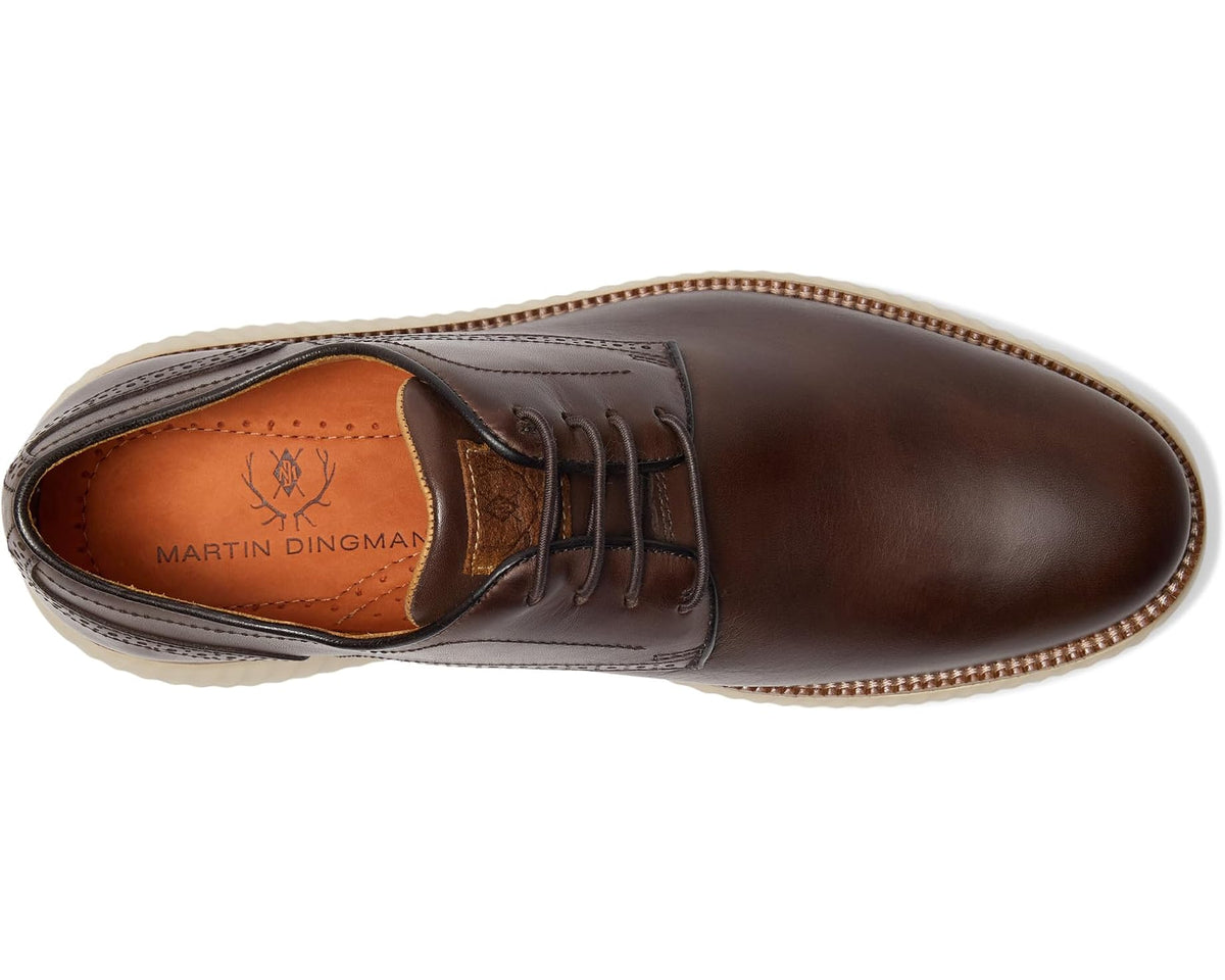 Chocolate brown lace-up oxford with plain toe and branded inner lining, side view.