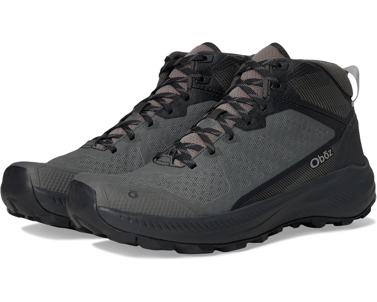 Men's mid hiking boot in charcoal gray with lace-up closure and Oboz logo