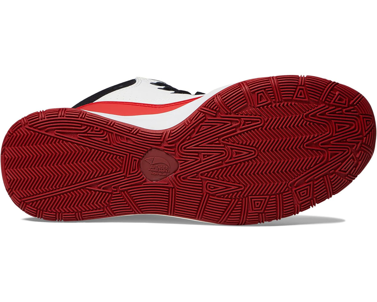 Men's work boots outsole view, red tread with textured pattern and white upper.