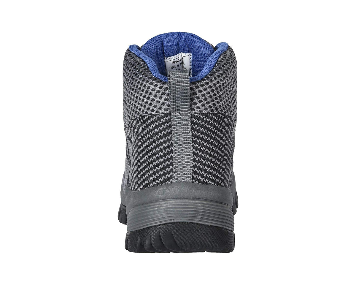 Men's boot heel view in grey mesh with black sole and blue interior lining.