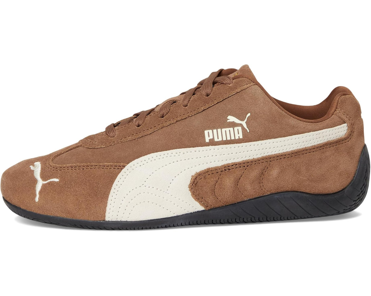 Brown PUMA lace-up Speedcat sneakers with white midsole stripe and dark rubber sole