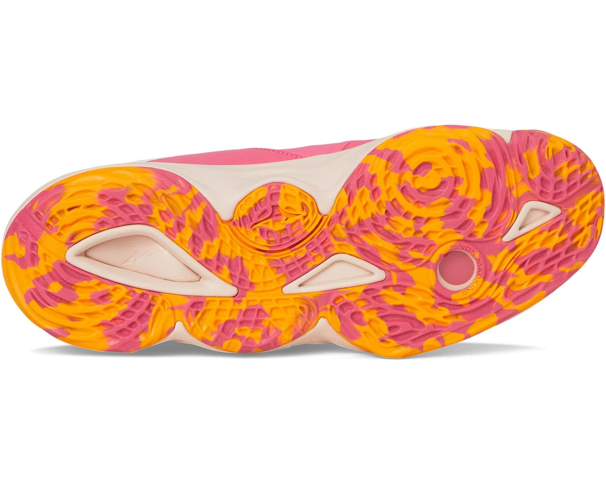 Unisex Mizuno Wave Momentum 3 running shoe, textured outsole in orange and yellow patterns.