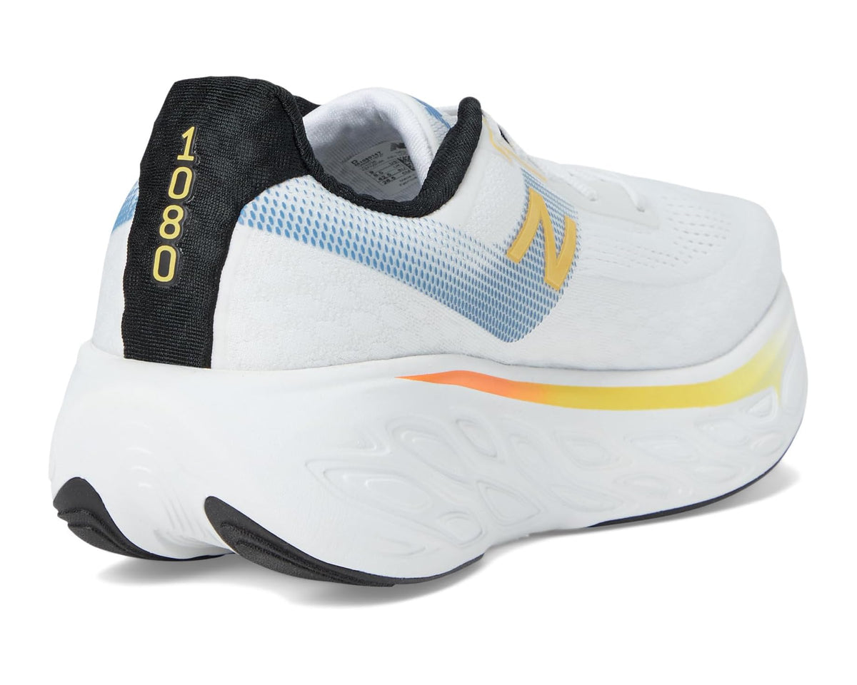 White running shoe heel with black strap, blue knit panel, yellow logo and orange trim