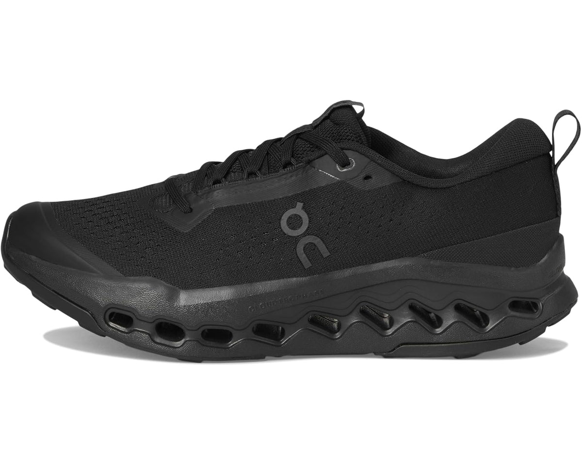 Men's black trail running shoe with lace-up front and side logo, rocker cushioning