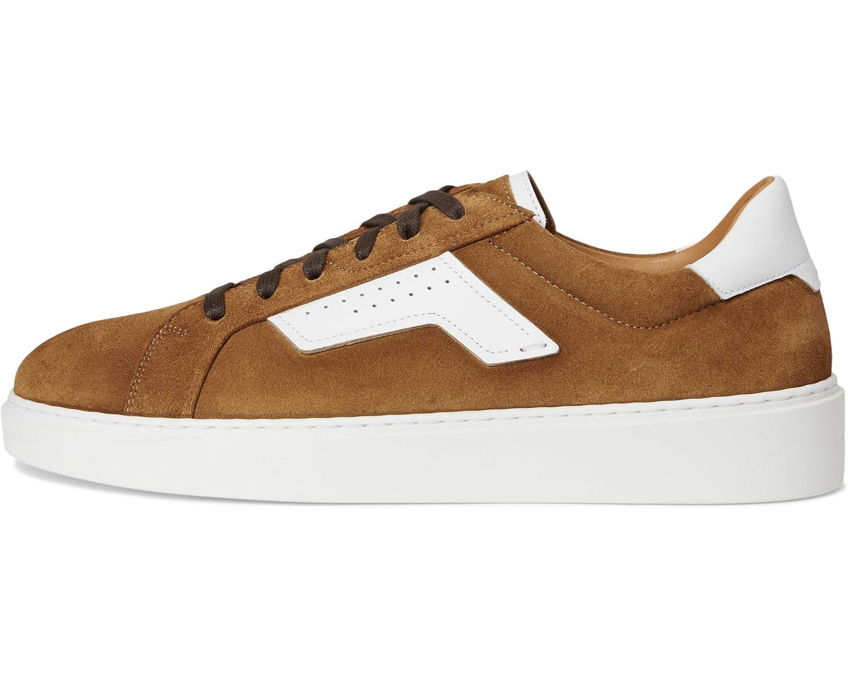 Men's suede lace-up sneaker, cognac brown with white chevron panel and thick sole