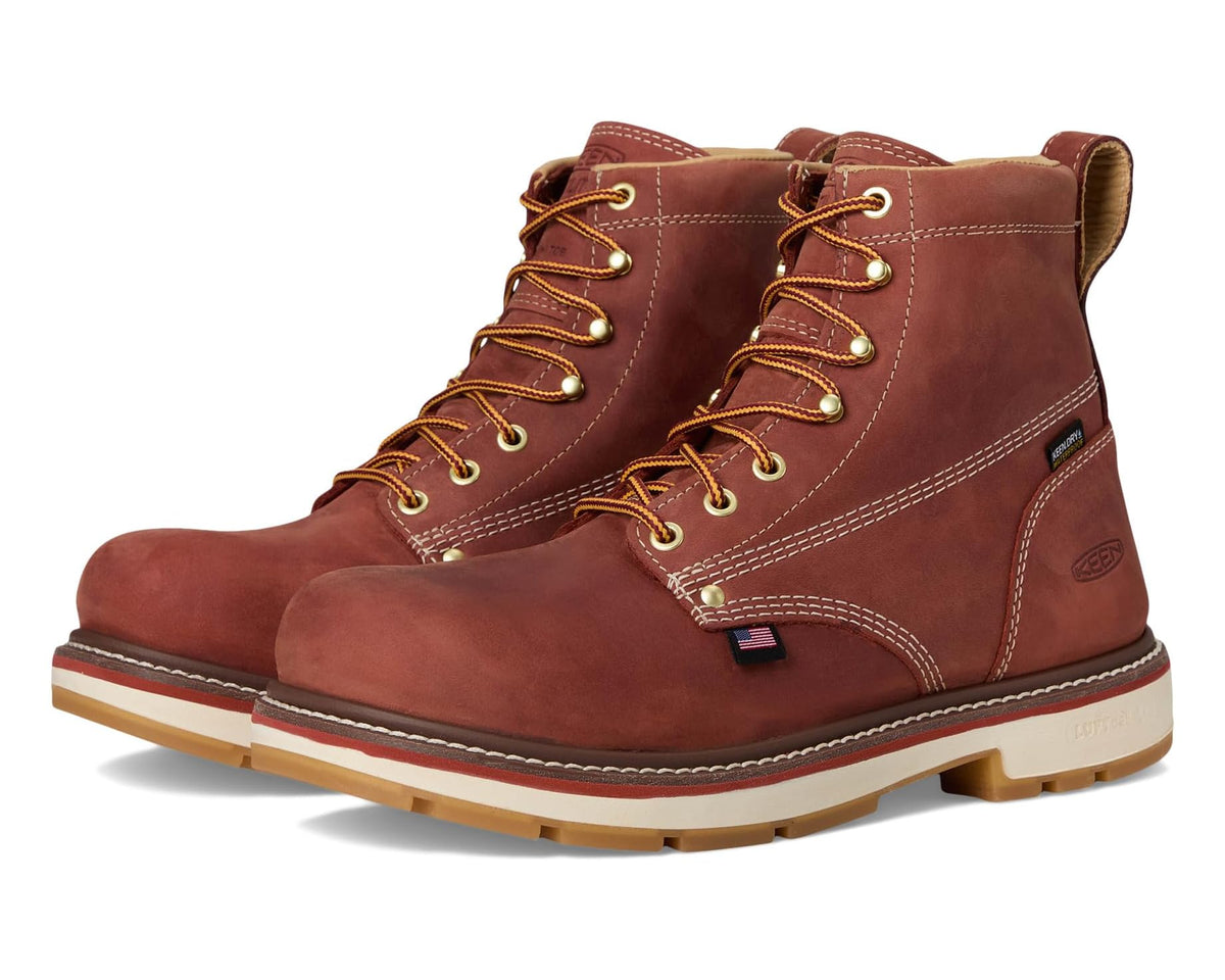 Men's brown leather waterproof work boot with yellow laces and light rubber outsole
