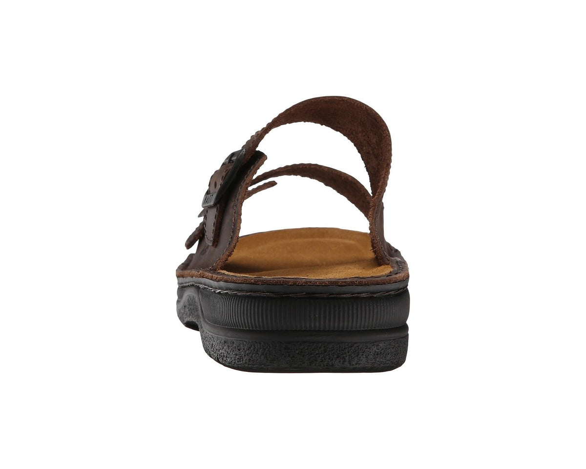 Leather sandal heel view with buckle strap and cushioned black sole, dark brown