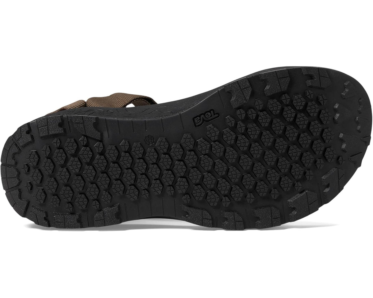 Men's hiking sandal outsole with textured black tread and thick midsole.