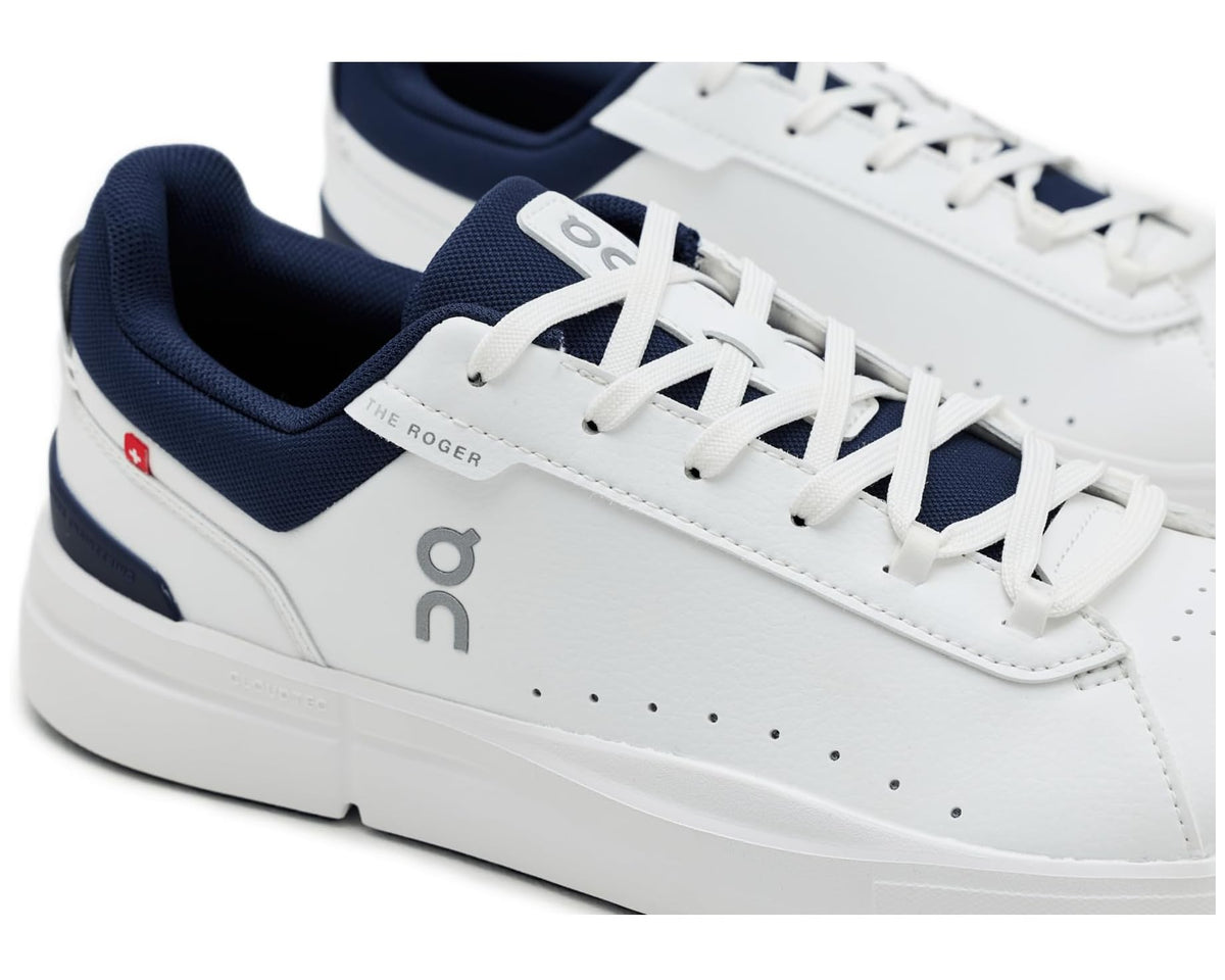 Men's On Roger Advantage sneakers, close-up of white laces and navy collar