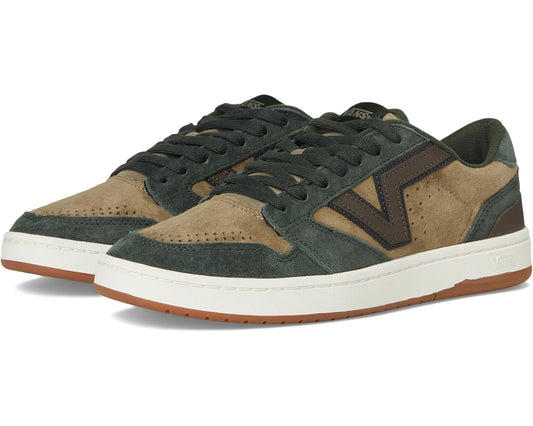 Vans Lowland 2.0 unisex suede sneakers, green and tan, lace-up with V logo