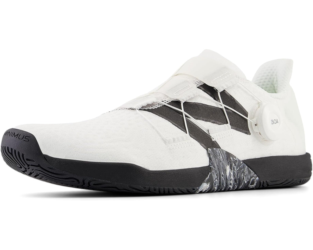 White low-cut New Balance Minimus TR BOA shoe with black accents and BOA dial