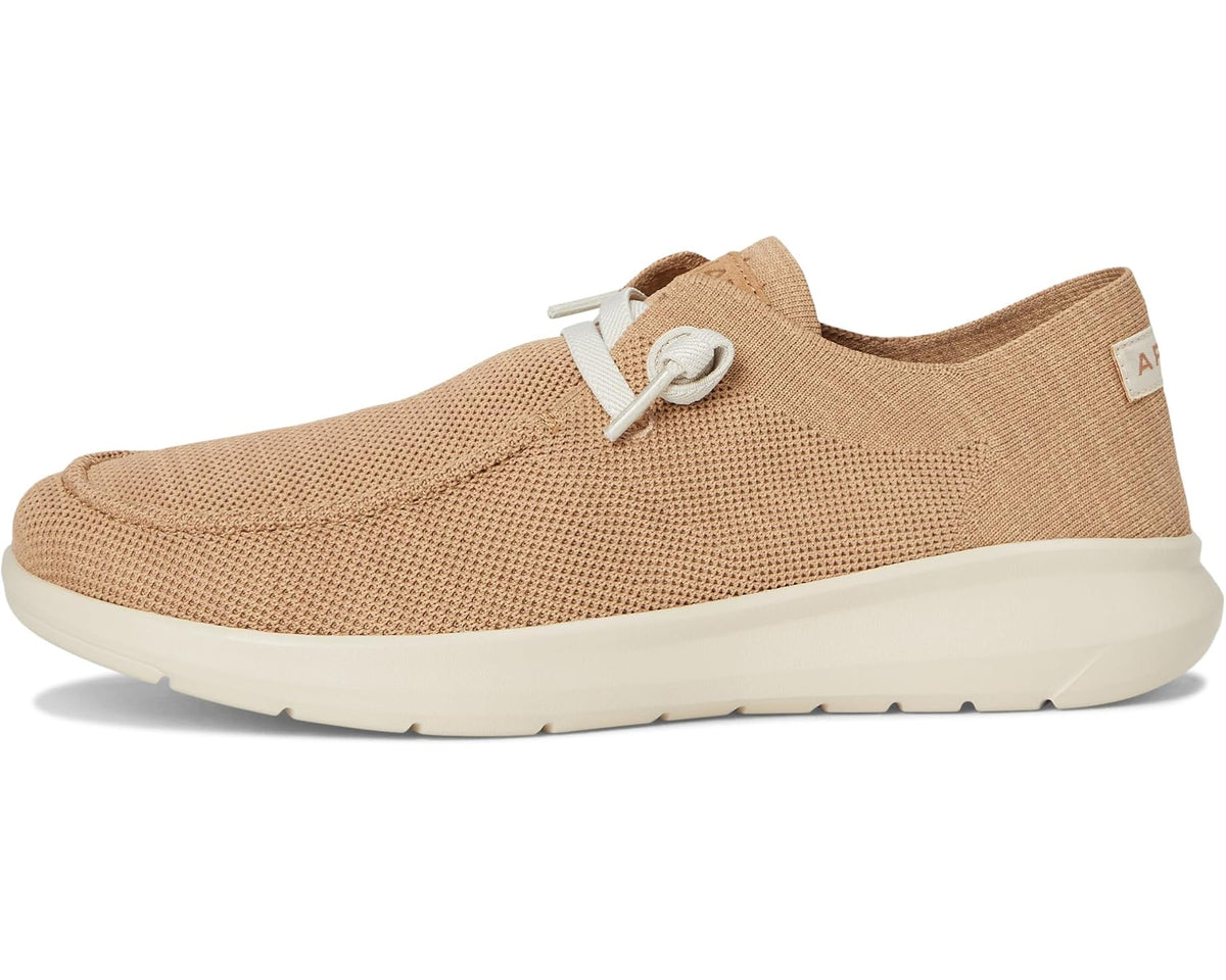 Light tan knit slip-on sneaker with white lace and side logo patch