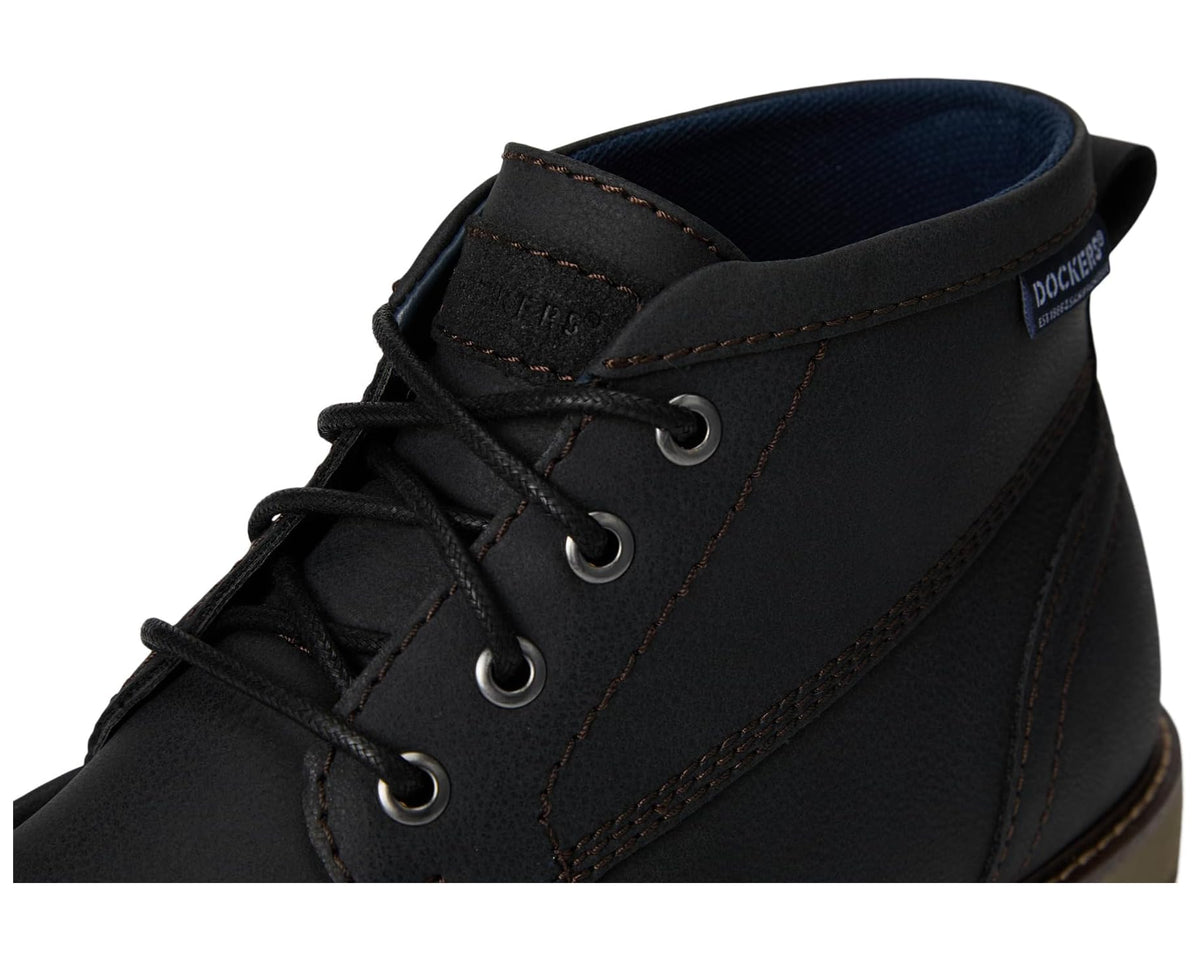 Men's black lace-up high-top boots with dark collar lining and top lace hooks.