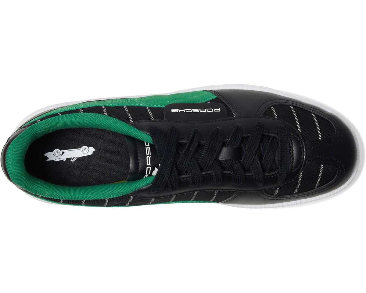 PUMA Porsche Legacy Palermo sneakers side view, black upper with green lining and laces