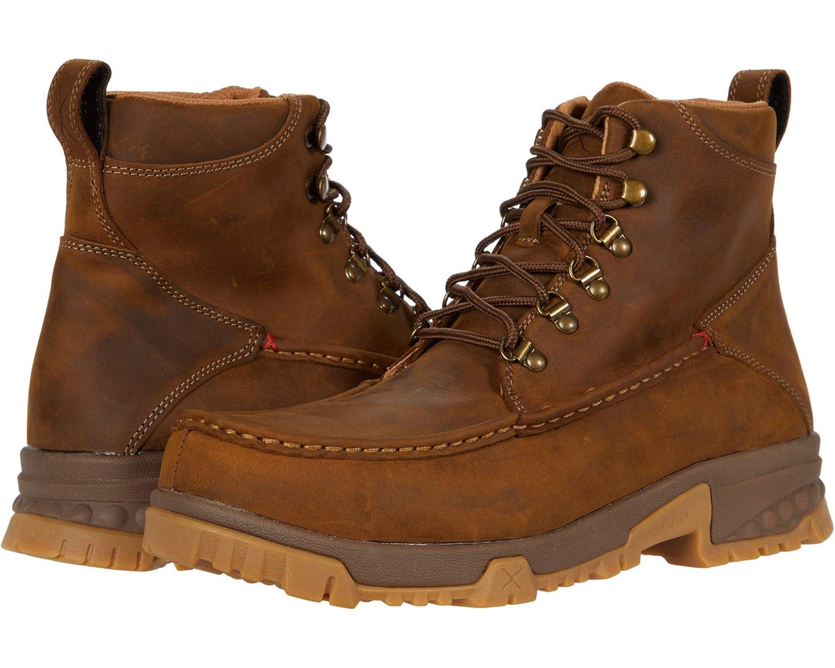 Men's brown ankle work boot with lace-up eyelets and rugged tread sole