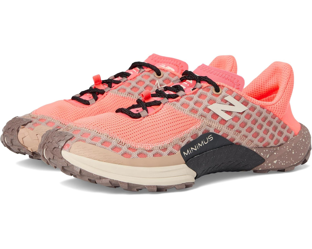 Men's trail running shoe in coral mesh with beige overlays and black midfoot panel