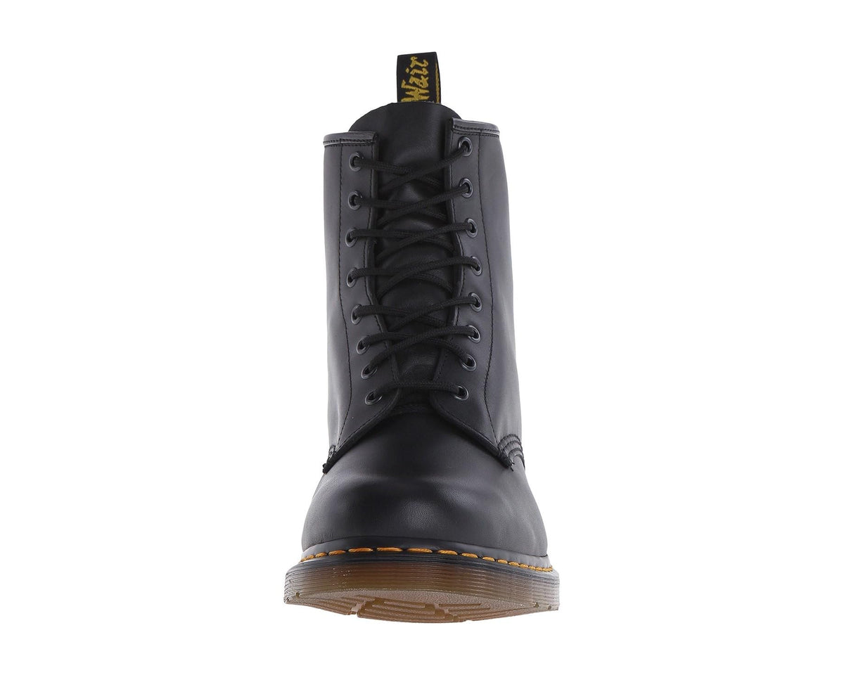 Front view of black leather lace-up ankle boots with laces and yellow welt