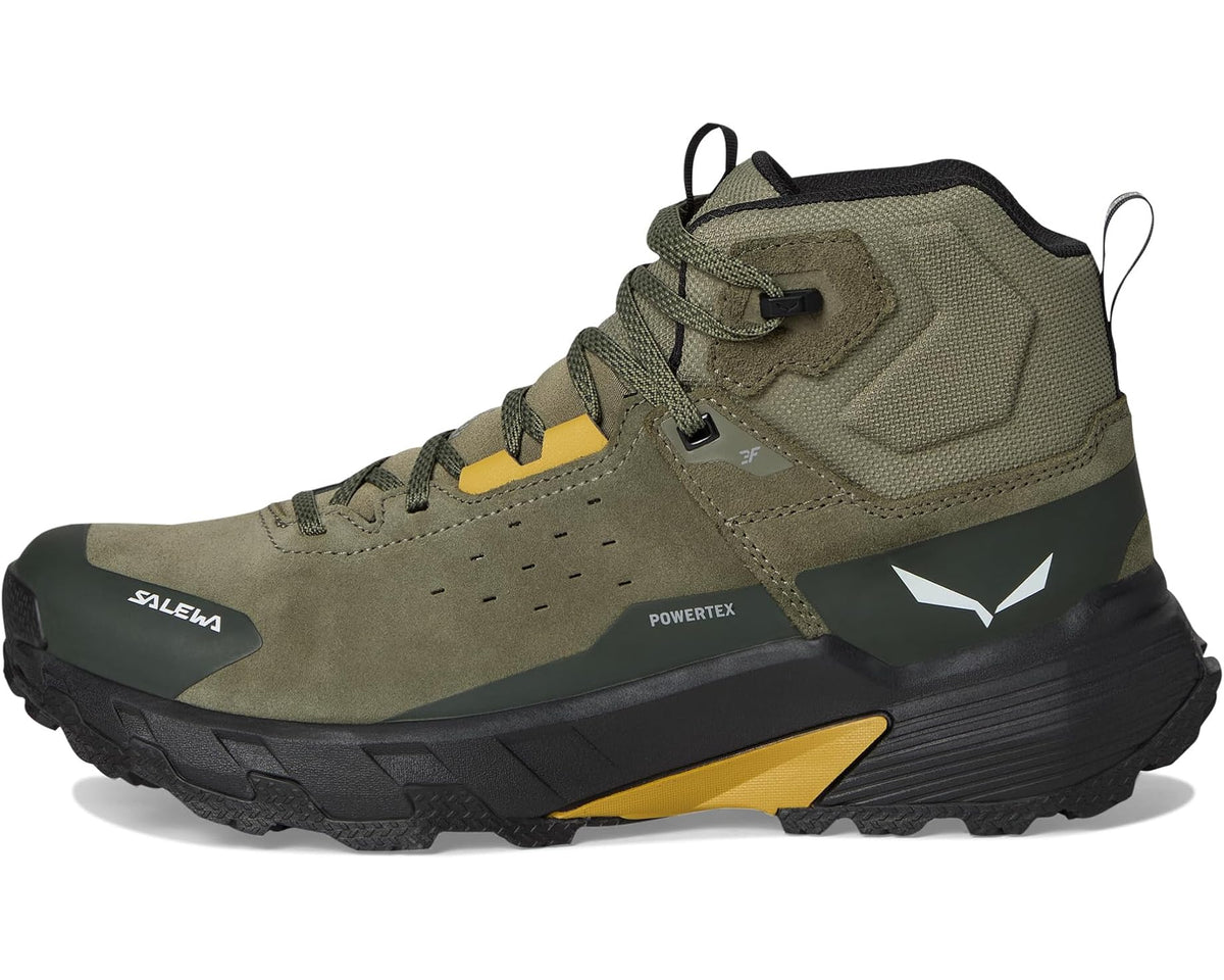 Men's mid-cut hiking boots, lace-up with padded tongue and olive-green upper