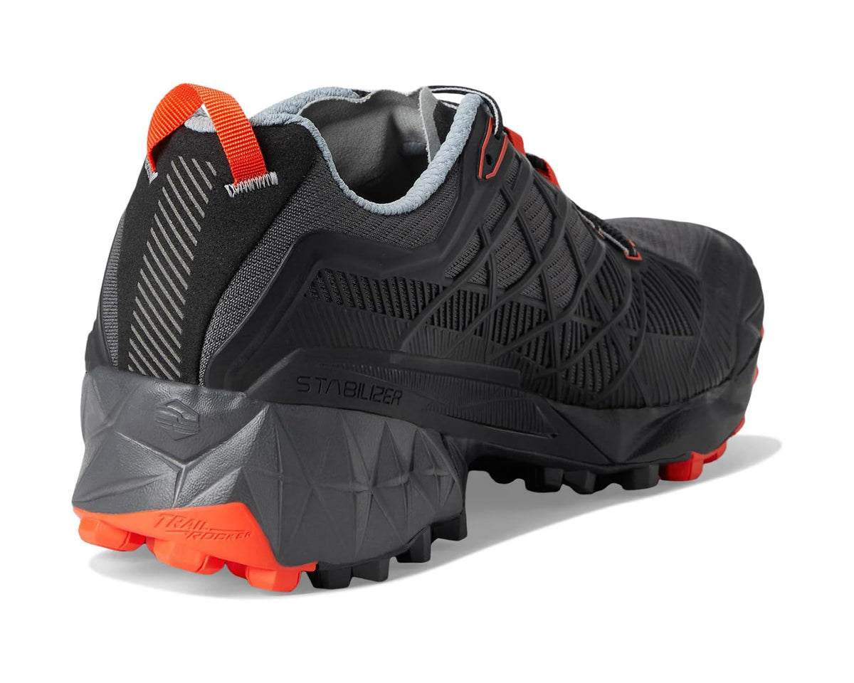 La Sportiva trail shoe heel view, black upper with light gray collar and orange trim