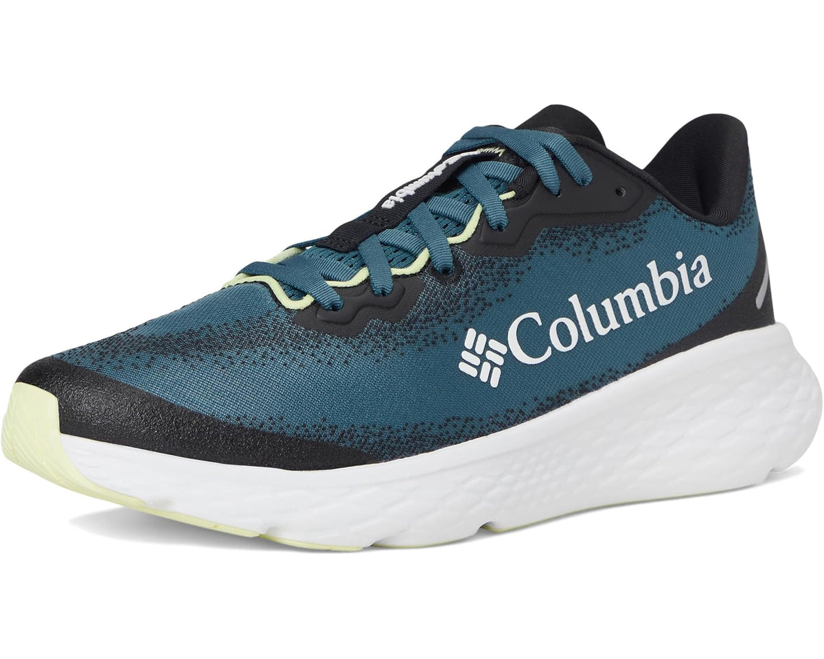 Men's lightweight running shoes, teal blue upper with black toe cap, white midsole and light yellow outsole