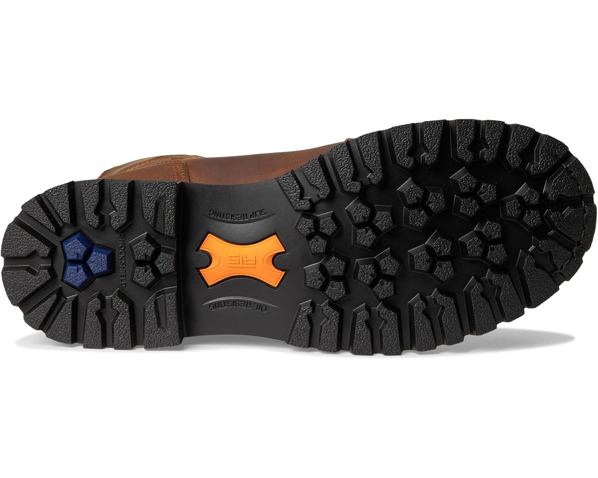 Men's work boot outsole tread with orange Ariat Work mark and deep traction lugs