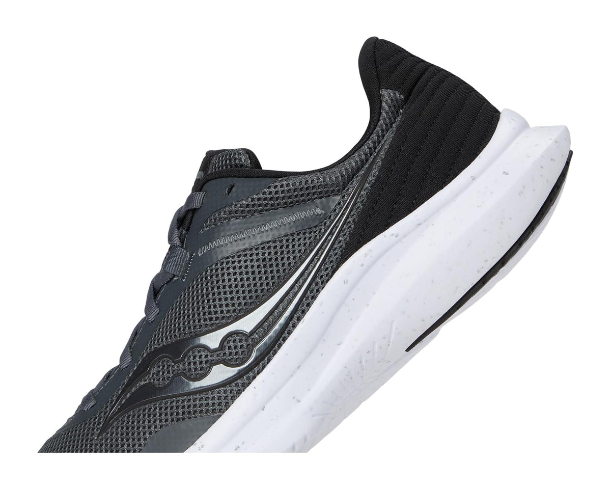 Men's dark gray running shoe side view with white midsole and sculpted stripes