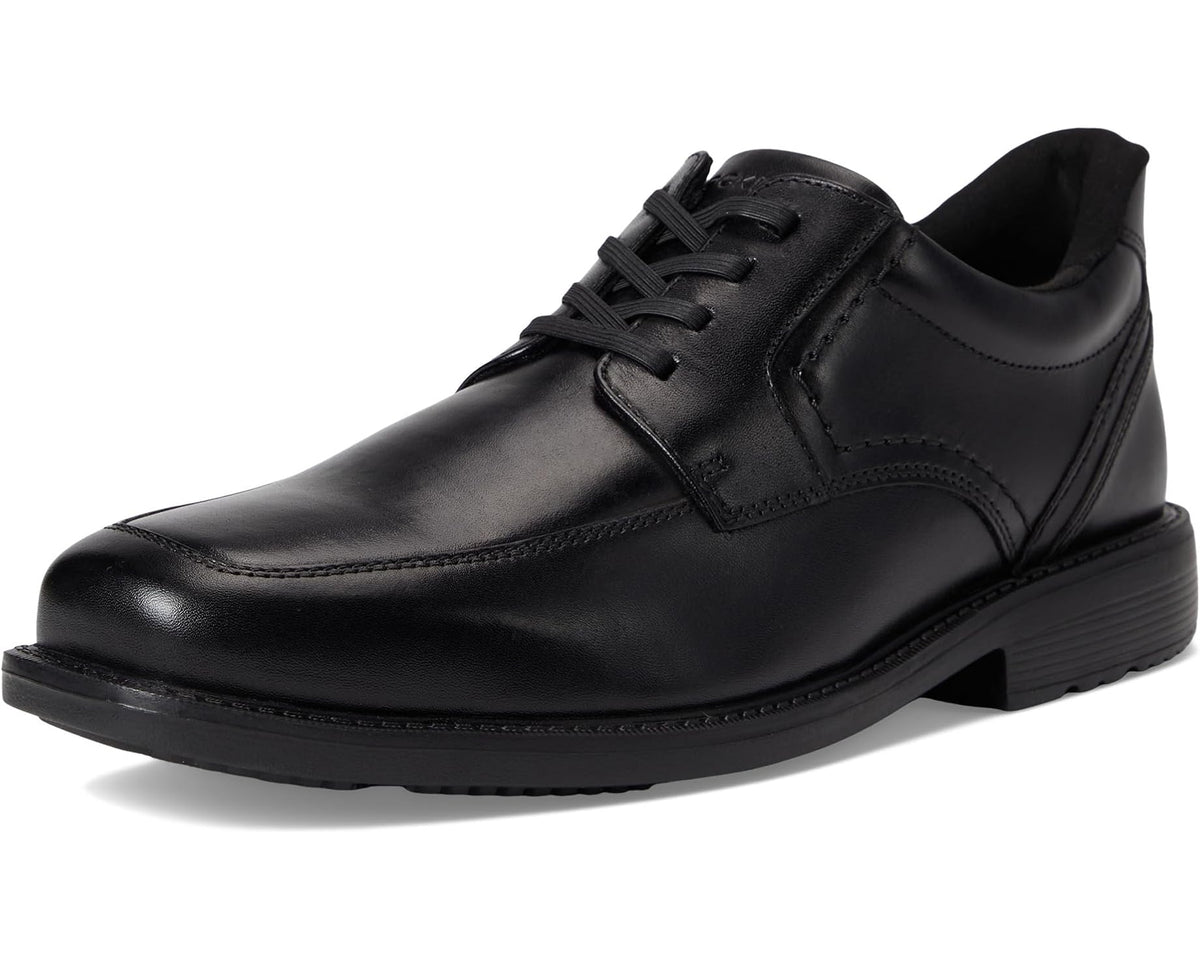 Black leather lace-up oxford shoe front quarter view with three lace eyelets