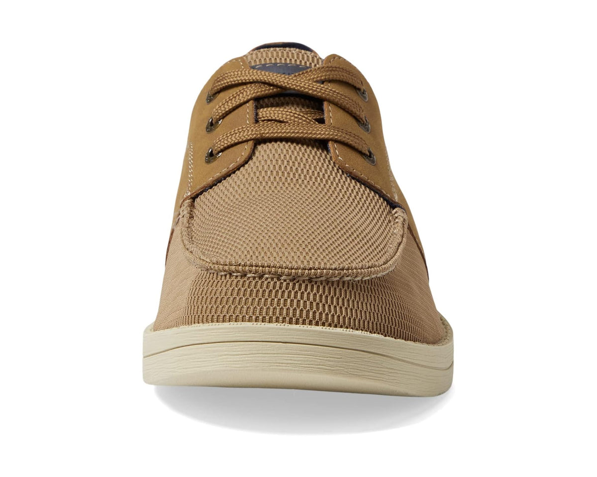Men's taupe lace-up sneaker front view with eyelets and woven texture