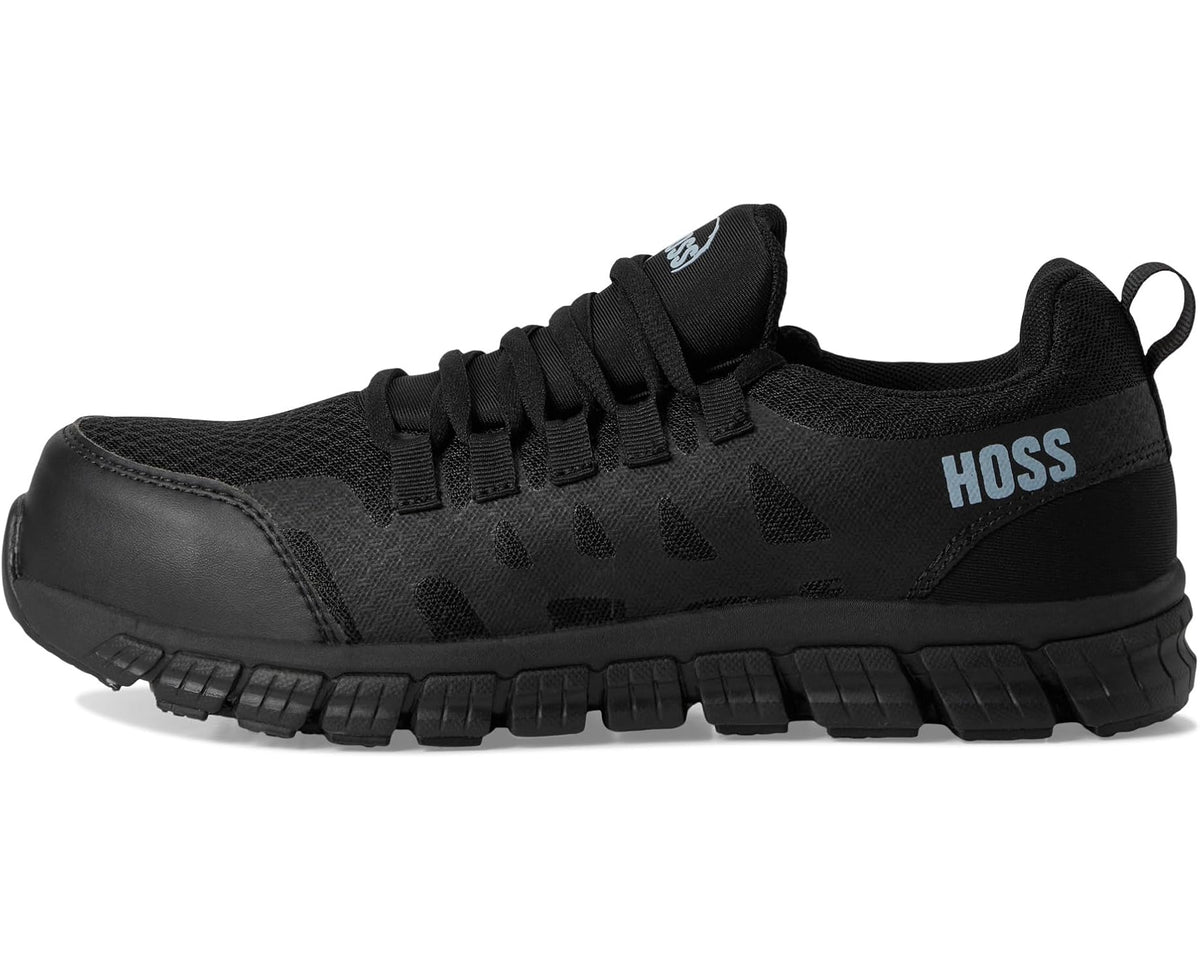 Black lace-up sport shoe with cushioned midsole and HOSS side lettering