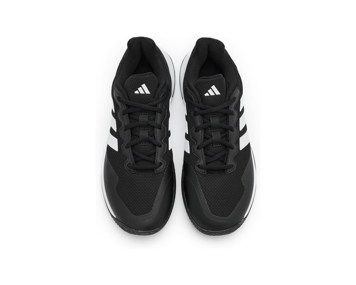 Black adidas tennis shoes, lace-up design with padded tongue and heel loops