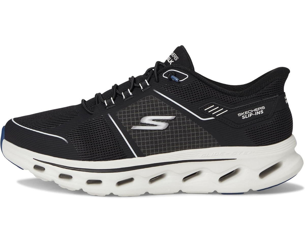 Black knit slip-in sneakers with S logo, white side accents, and thick cushioning sole
