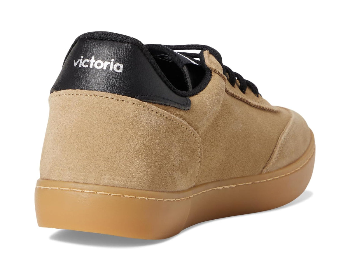Beige suede-style heel and tongue with black "victoria" label and lace-up